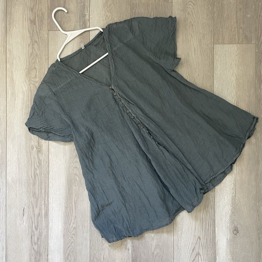 Cotton Crinkle Top button front flowy womens Blue one size lagenlook rustic boho